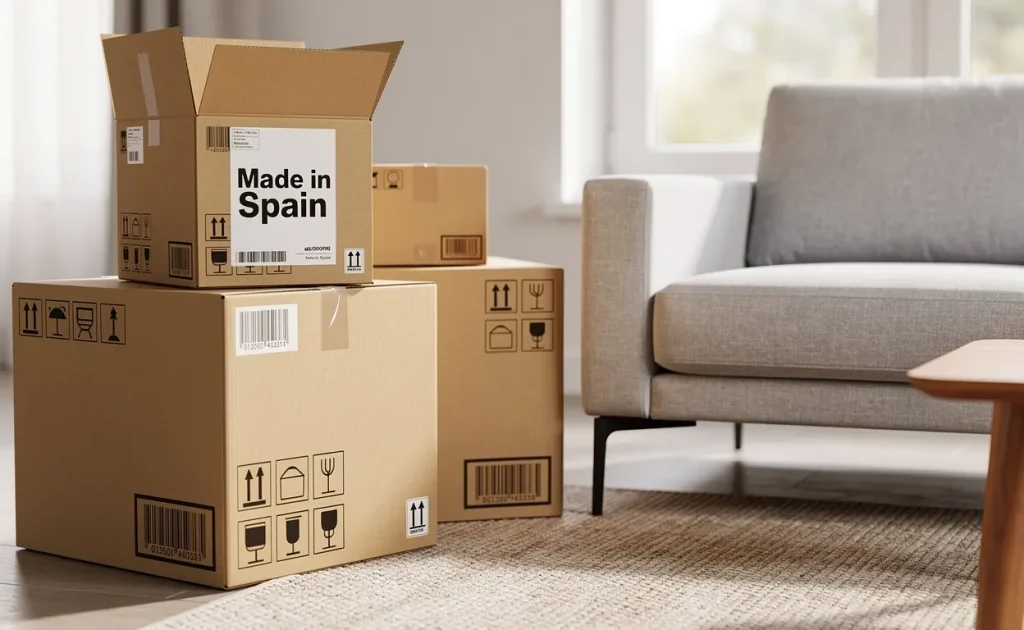 Des cartons de meubles modernes empilés près d’un salon élégant, avec une boîte entrouverte laissant apparaître une étiquette « Made in Spain » sous une lumière naturelle.