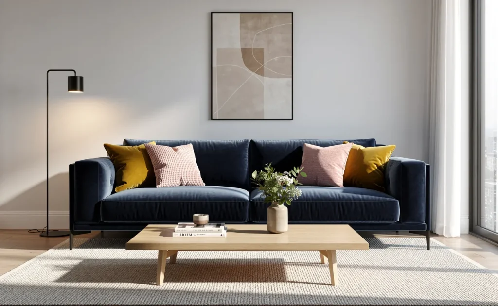 Salon moderne avec un canapé en velours bleu canard, des coussins jaunes moutarde et rose poudré, une décoration épurée et de grandes fenêtres laissant entrer la lumière naturelle.