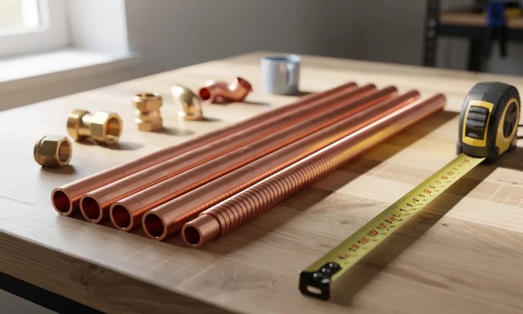 Des tubes de plomberie en cuivre et en plastique souple, avec des raccords et un mètre ruban disposés sur un établi en bois éclairé latéralement.
