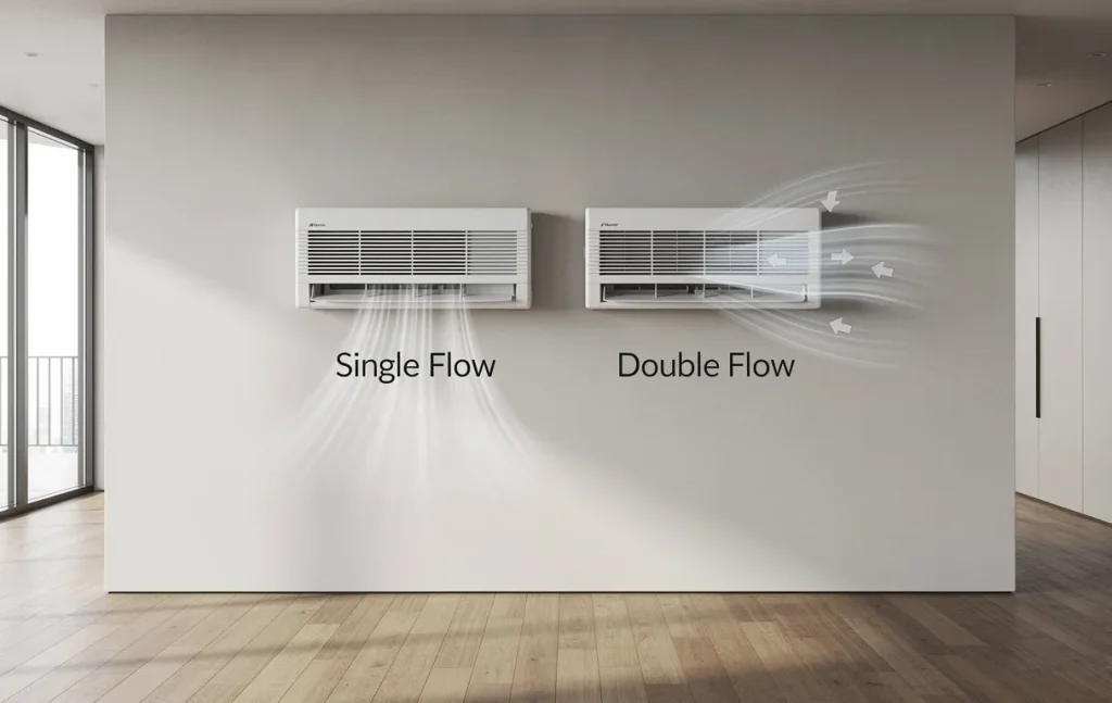 Deux systèmes de ventilation muraux, l’un simple flux et l’autre double flux, sont installés dans un intérieur moderne baigné de lumière naturelle, avec des filets d’air visibles.