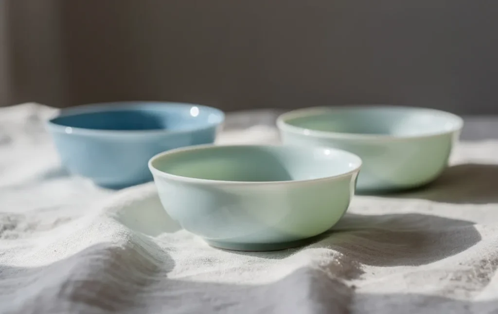 Des bols en porcelaine bleu céladon et vert, posés sur un linge et éclairés par une lumière douce, révèlent une finition mate et des nuances délicates.