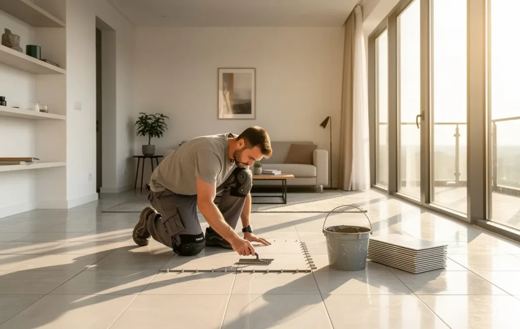 Un ouvrier installe des carreaux de céramique sur le sol d’un salon moderne baigné de lumière naturelle.