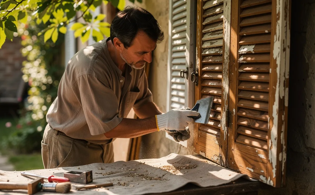 Un artisan enlève la vieille peinture de volets en bois anciens à l’extérieur, sous une lumière filtrée par des feuillages.