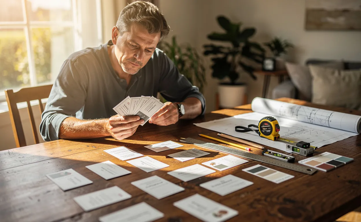 Un propriétaire pensif observe des cartes de visite d’artisans et des outils de rénovation posés sur une table en bois, éclairée par la lumière du matin.