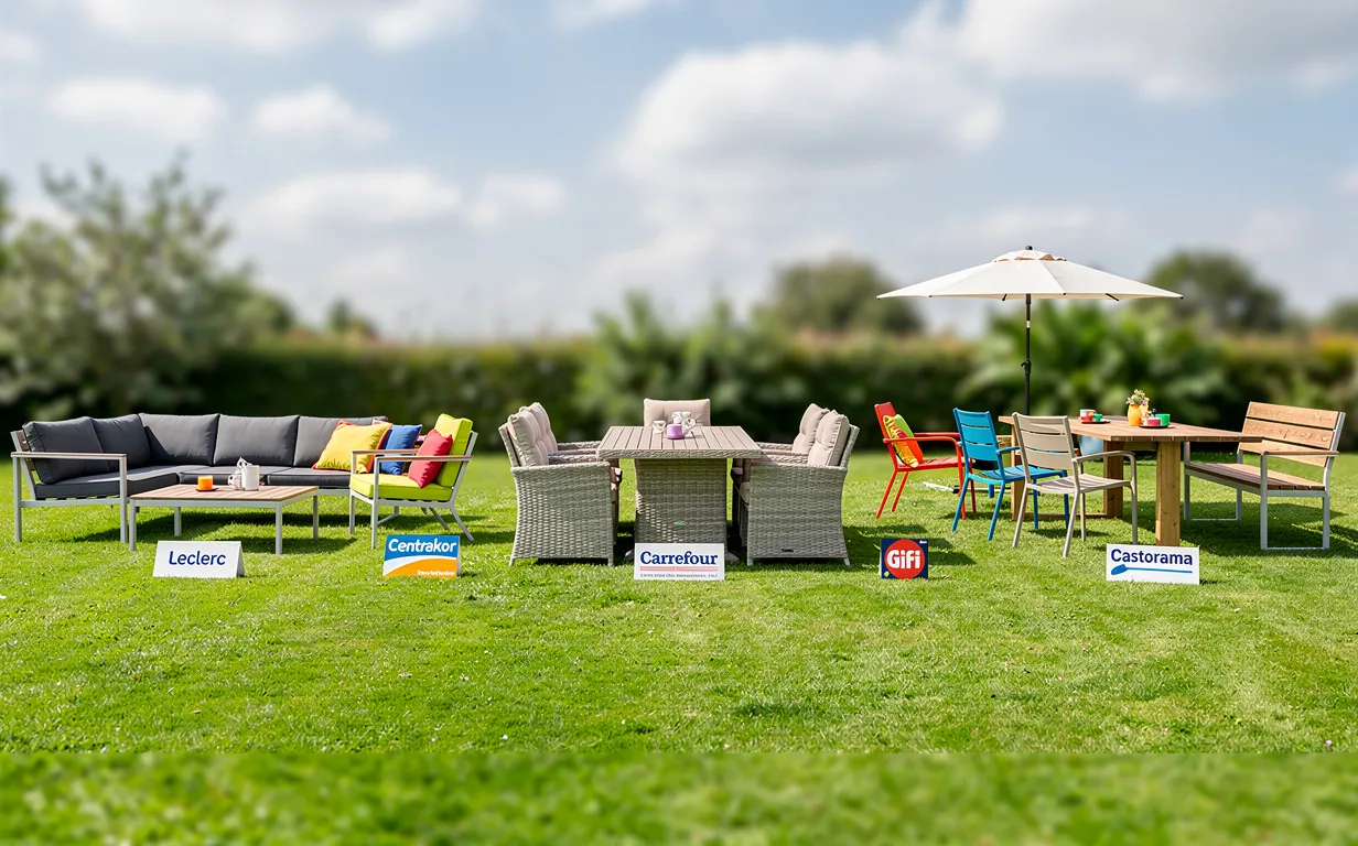 Cinq ensembles de mobilier de jardin moderne, chacun marqué Leclerc, Centrakor, Carrefour, Gifi et Castorama, sont alignés sur une pelouse verdoyante sous un ciel d’été légèrement nuageux.