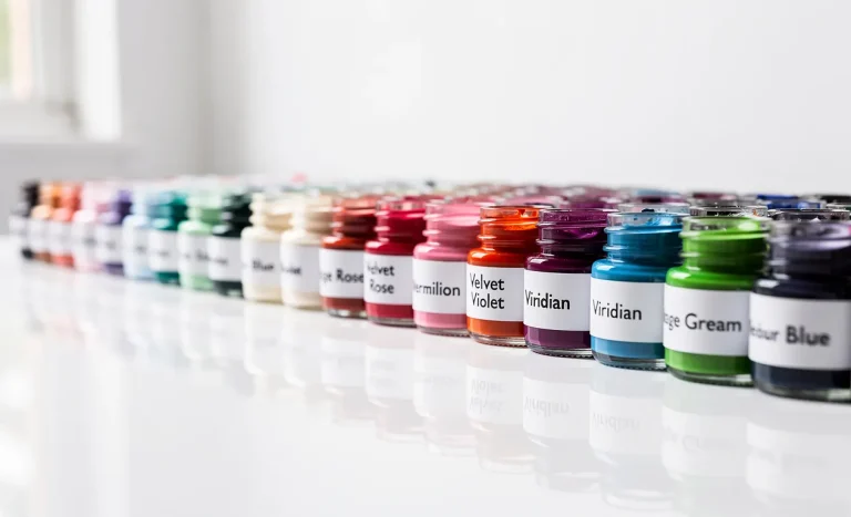 Des pots de peinture en verre étiquetés avec des couleurs commençant par V sont alignés en dégradé sur une surface blanche brillante, reflétant la lumière naturelle.