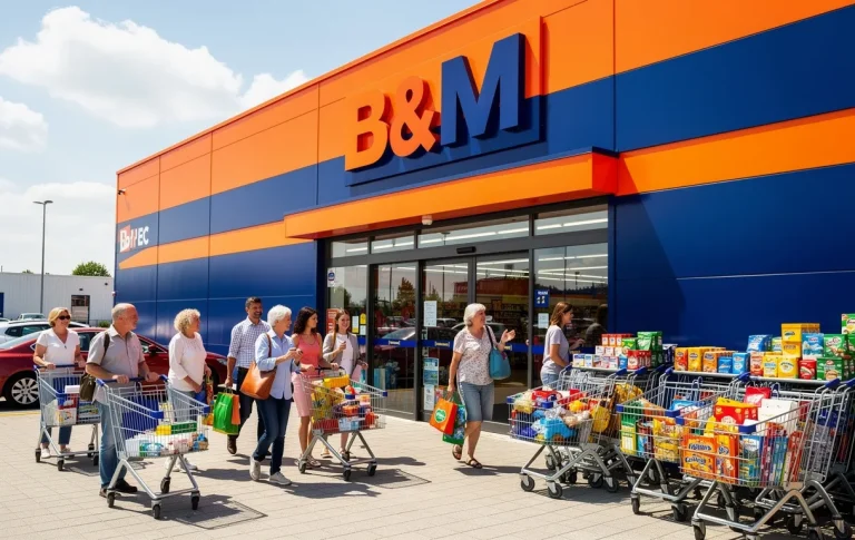 Façade d’un magasin B&M animé avec des chariots remplis près de l’entrée et des clients souriants sous un ciel ensoleillé.