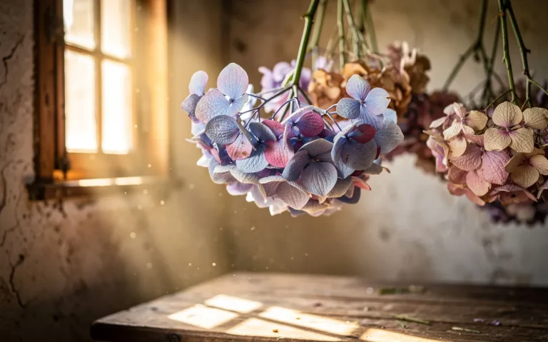 Des hortensias suspendus tête en bas aux couleurs pastel sont éclairés par la lumière dorée d’une fenêtre dans une pièce rustique.