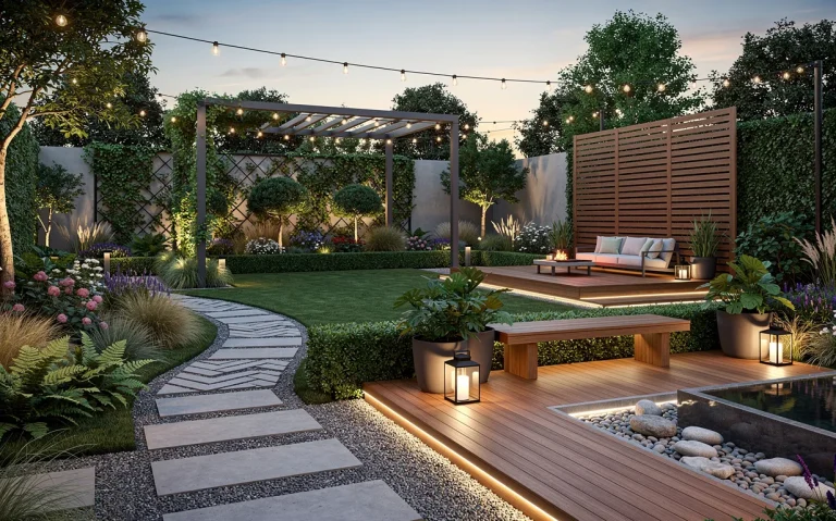 Un jardin moderne à la lumière du soir avec terrasse en bois, allées géométriques en pierre, végétation soignée et guirlandes lumineuses.