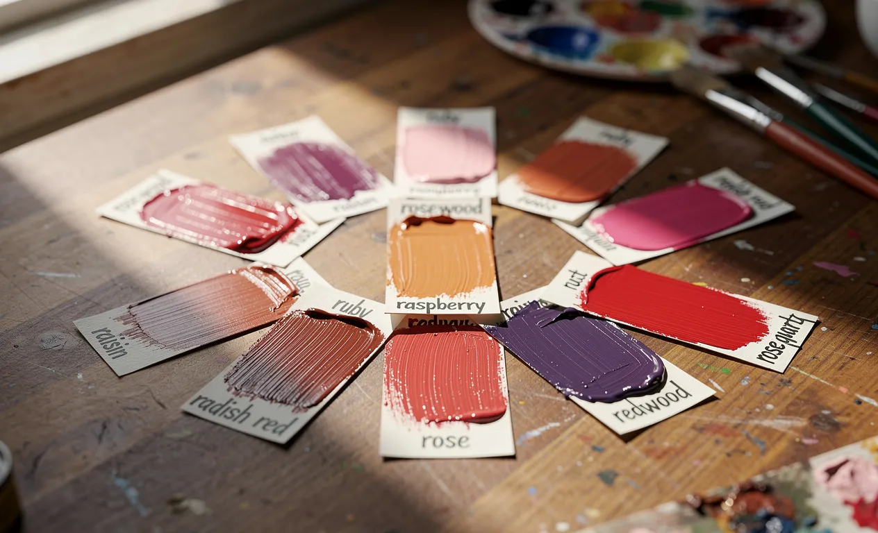 Des échantillons de peinture aux noms de couleurs commençant par R sont disposés sur une table en bois sous la lumière du jour.