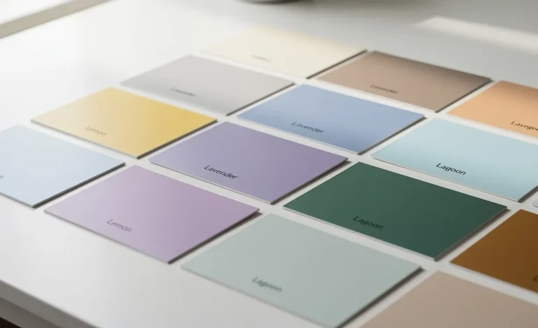 Des échantillons de peinture soigneusement alignés, chacun portant un nom de couleur commençant par L comme citron, lavande et lagon, sont posés sur une table blanche sous une lumière douce.