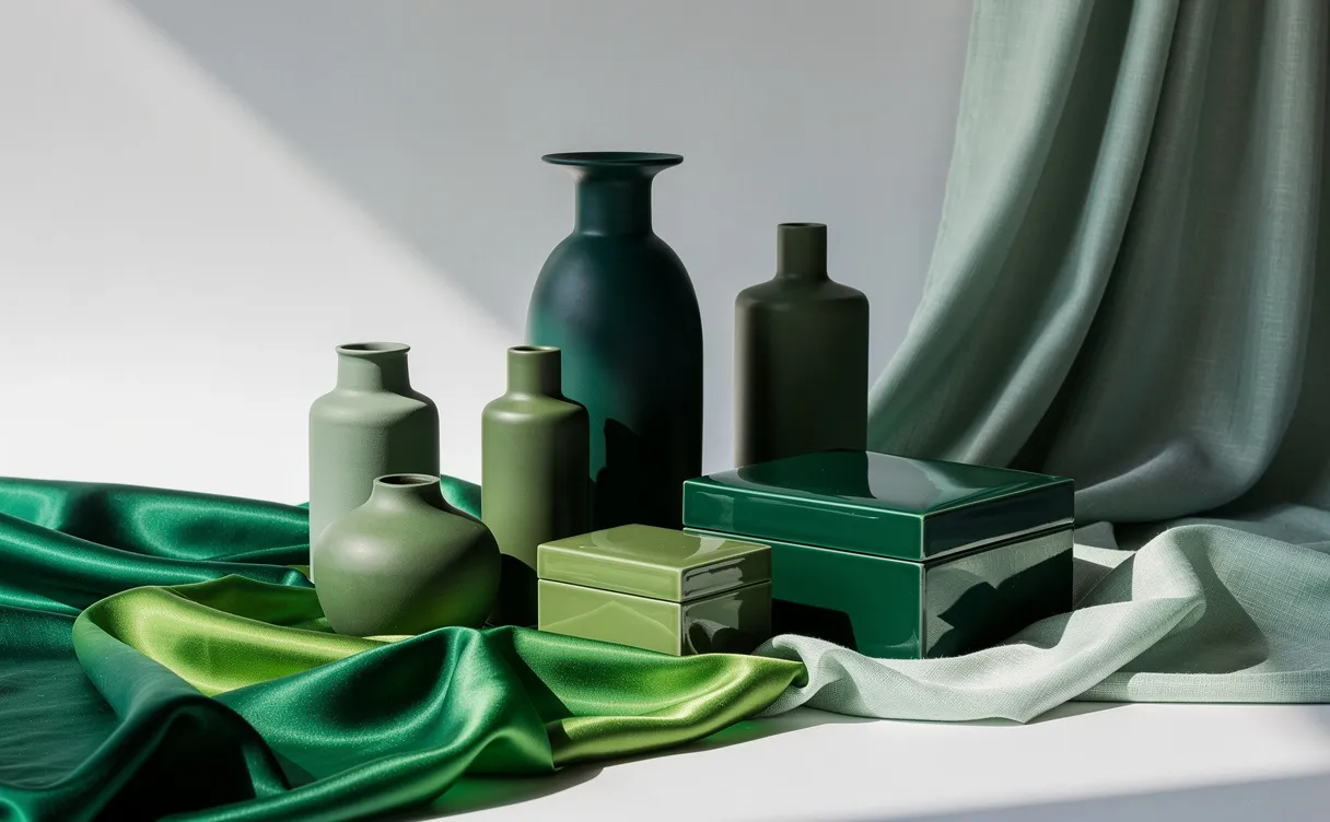 Un arrangement d’objets et de tissus verts aux différentes nuances repose sur un fond gris clair, éclairé par une lumière naturelle douce.