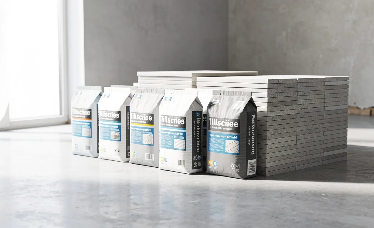 Des sacs de colle à carrelage sont posés sur un sol propre à côté de carreaux empilés, baignés par la lumière d’une fenêtre.