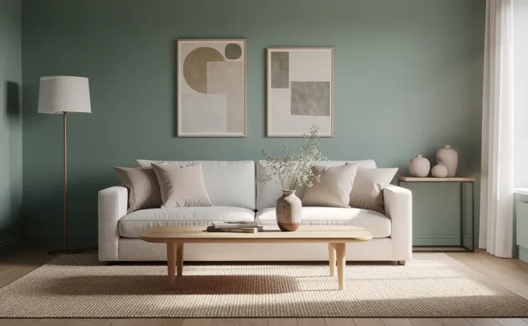 Un salon paisible aux murs vert céladon baigné de lumière naturelle avec une décoration soignée.