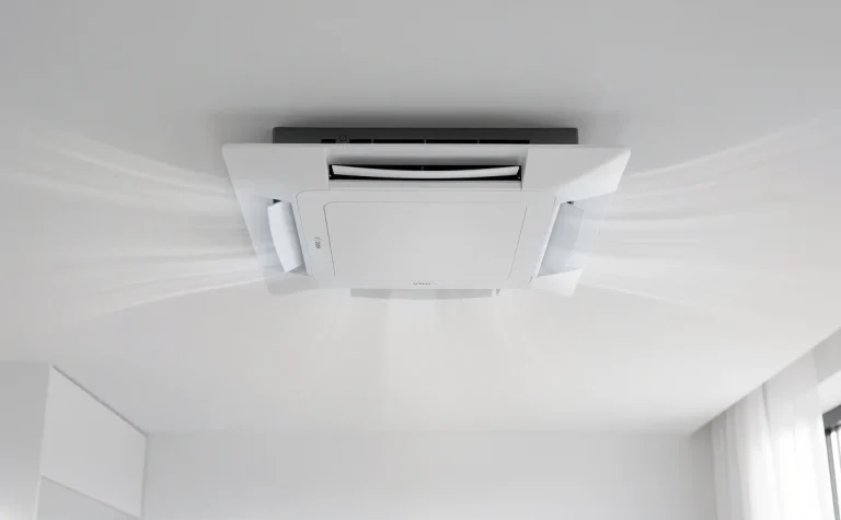 Un système de ventilation moderne fixé au plafond blanc diffuse un léger flux d’air dans une pièce lumineuse.