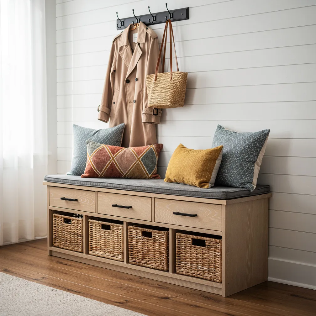 Banc d'entrée en bois avec tiroirs et coussins colorés