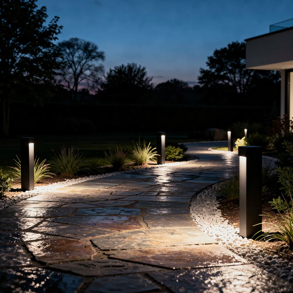 Bornes lumineuses LED le long d une allee de jardin