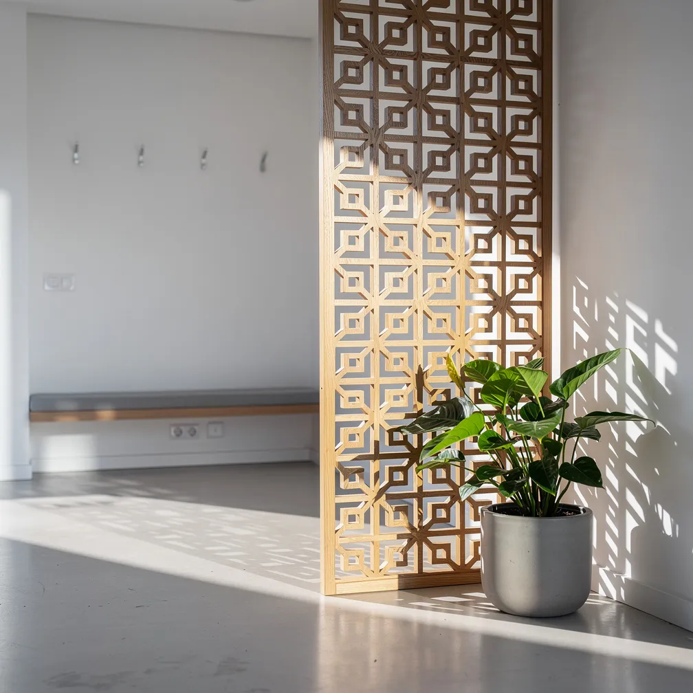 Cloison ajourée en bois dans une entrée lumineuse