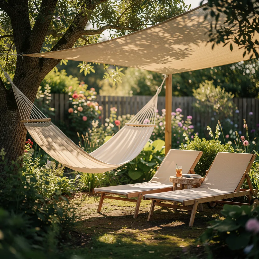 Hamac et transats dans un coin ombrage du jardin