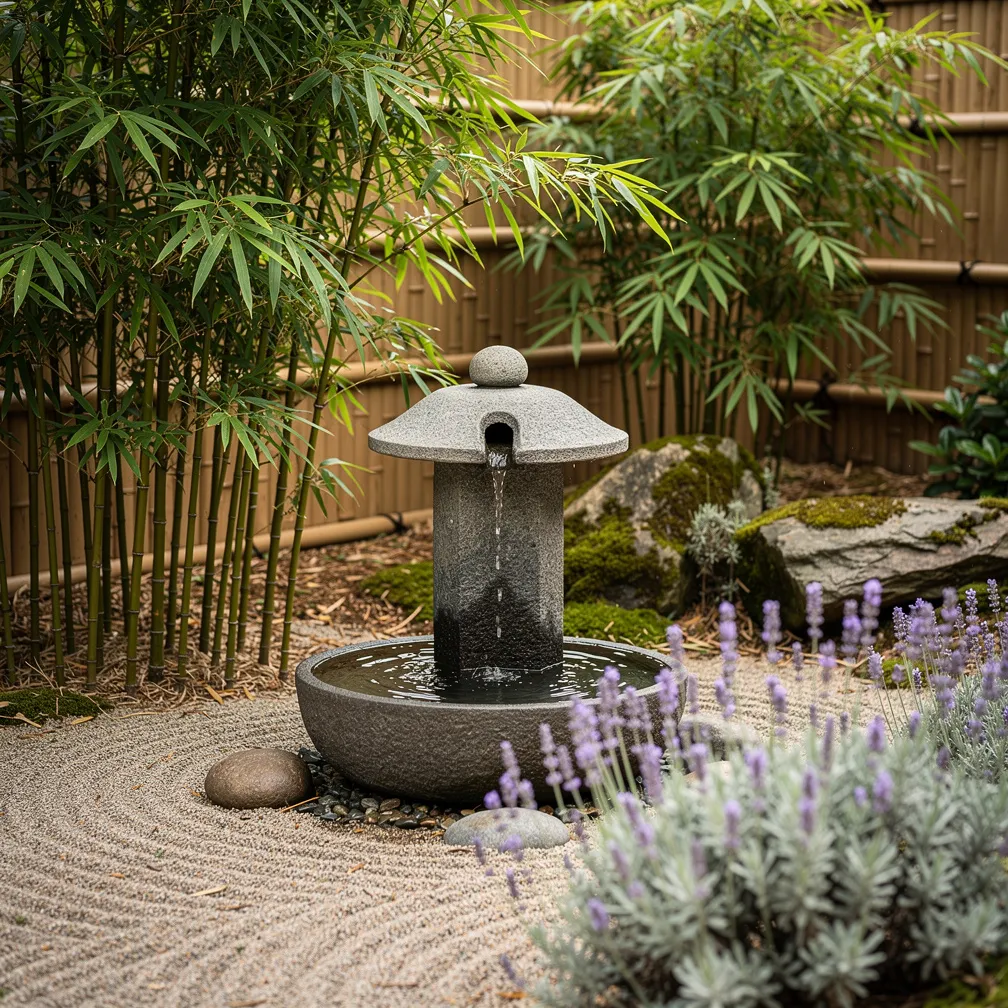 Fontaine en pierre entouree de bambou dans un jardin zen