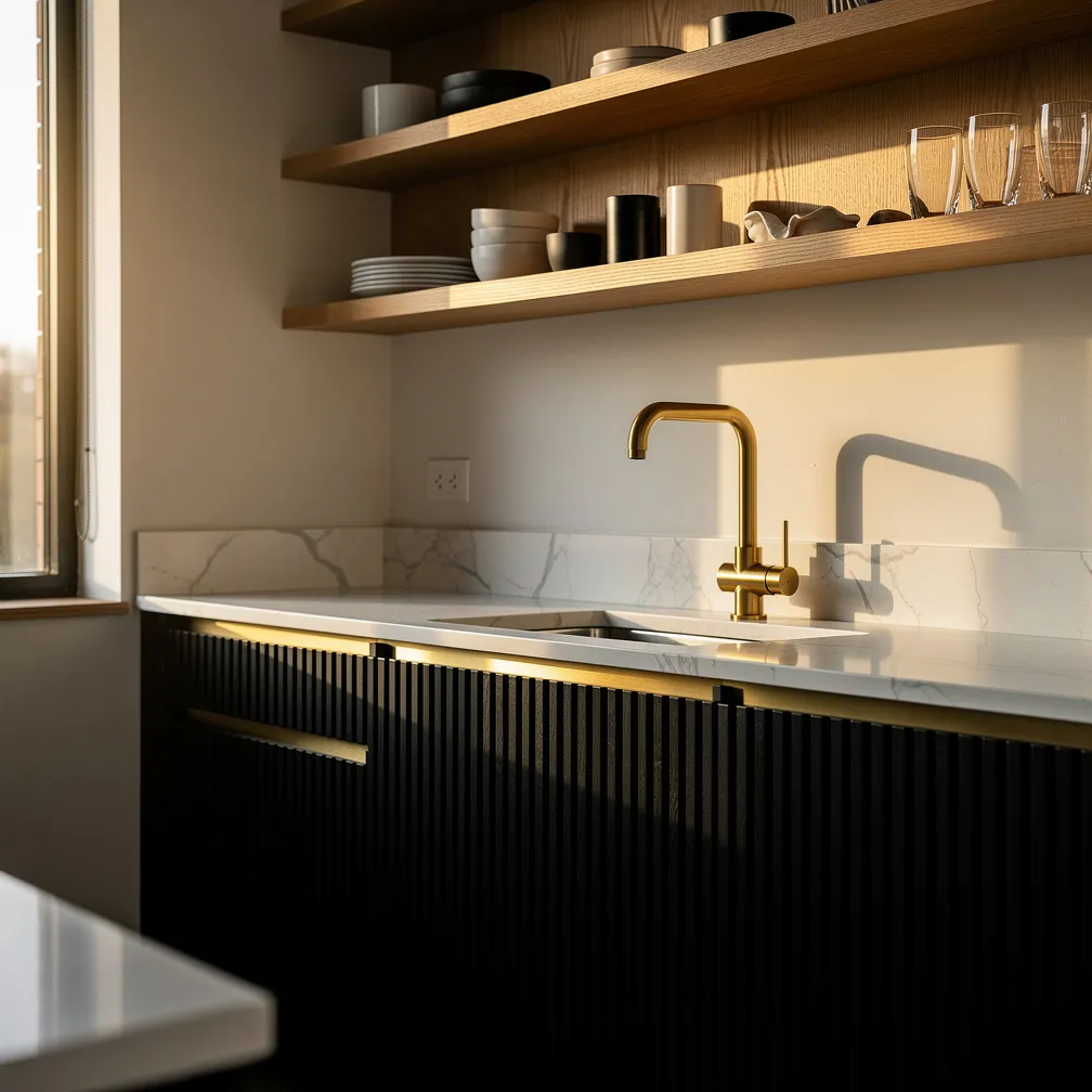 Cuisine moderne mêlant bois noir cannelé et quartz blanc