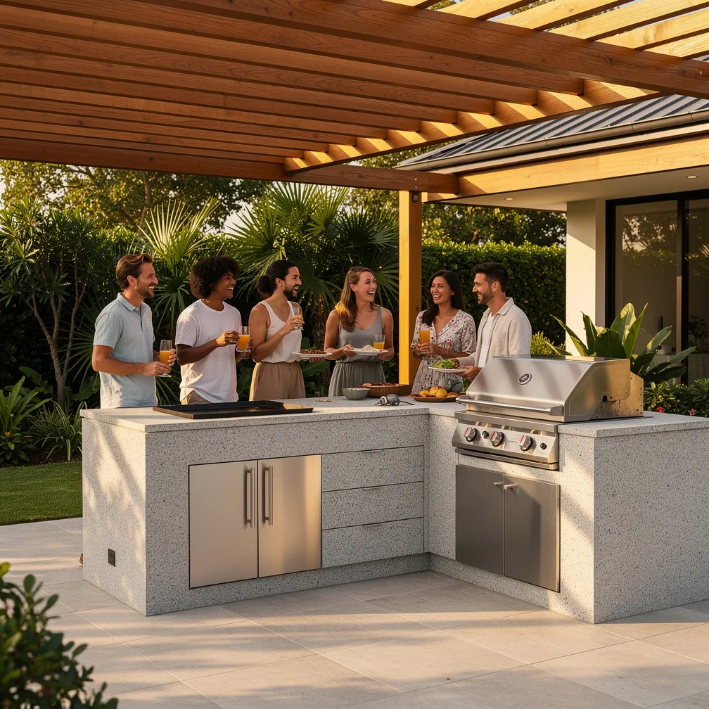 Cuisine exterieure equipee sous une pergola en bois