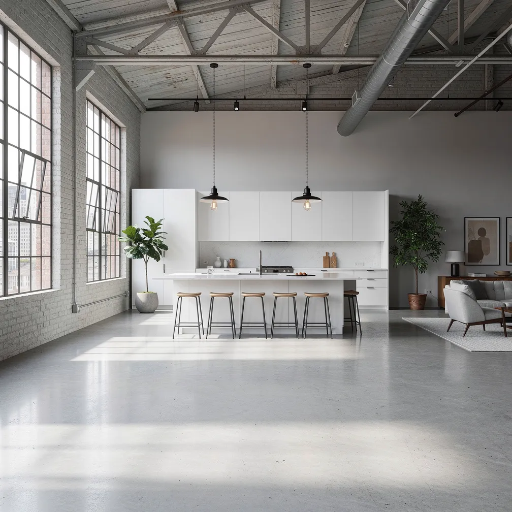 Cuisine ouverte style loft avec îlot et suspensions industrielles
