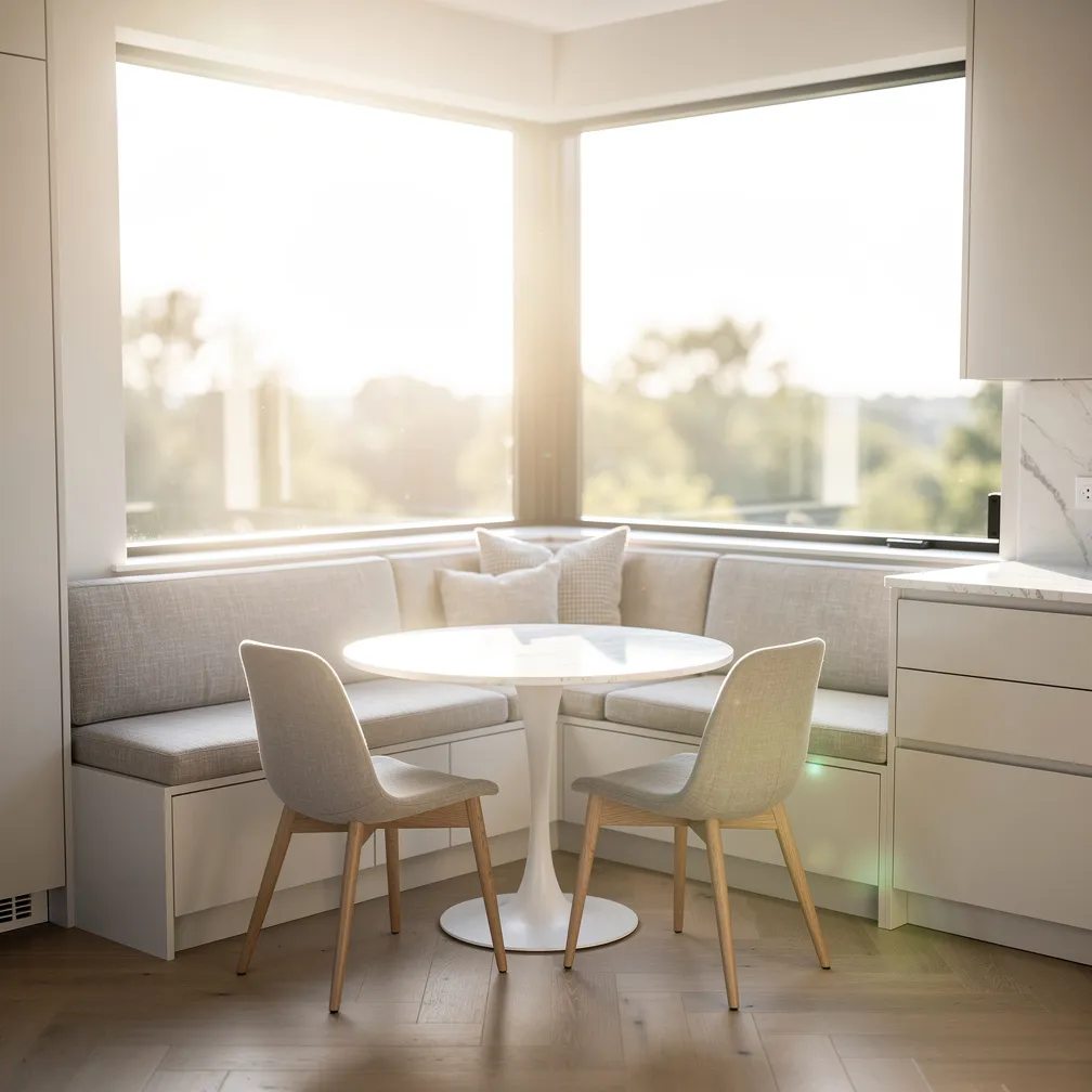 Coin repas avec banquette et table ronde dans une cuisine