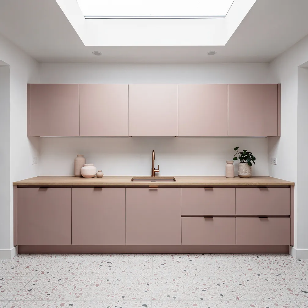 Cuisine aux façades rose mat avec plan de travail en chêne