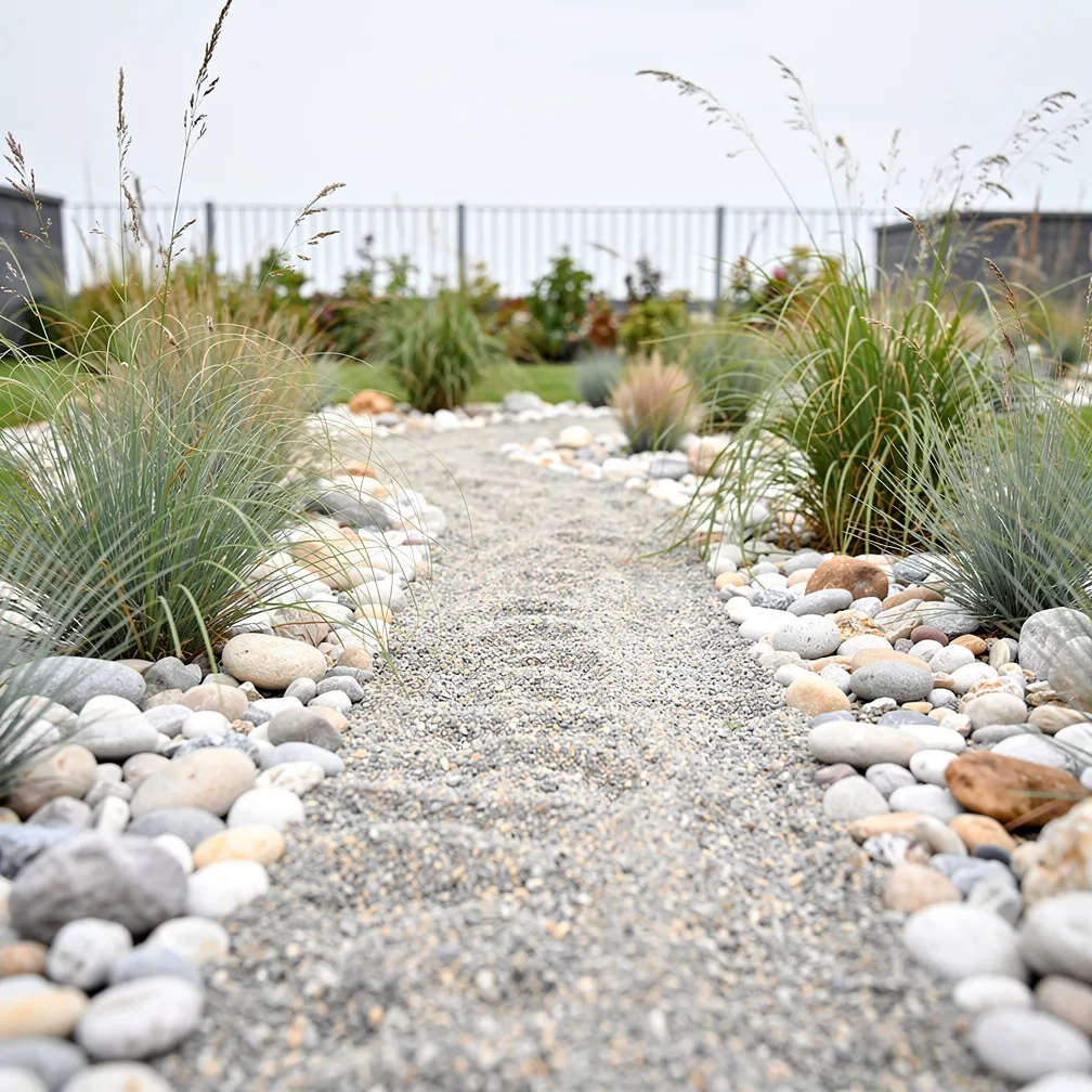 Allee en gravier et galets dans un jardin contemporain