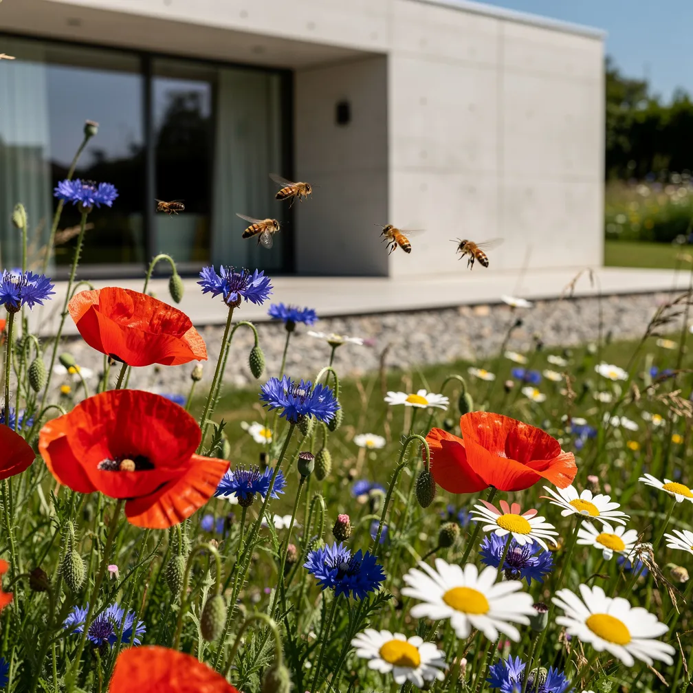 Prairie fleurie sauvage dans un jardin moderne