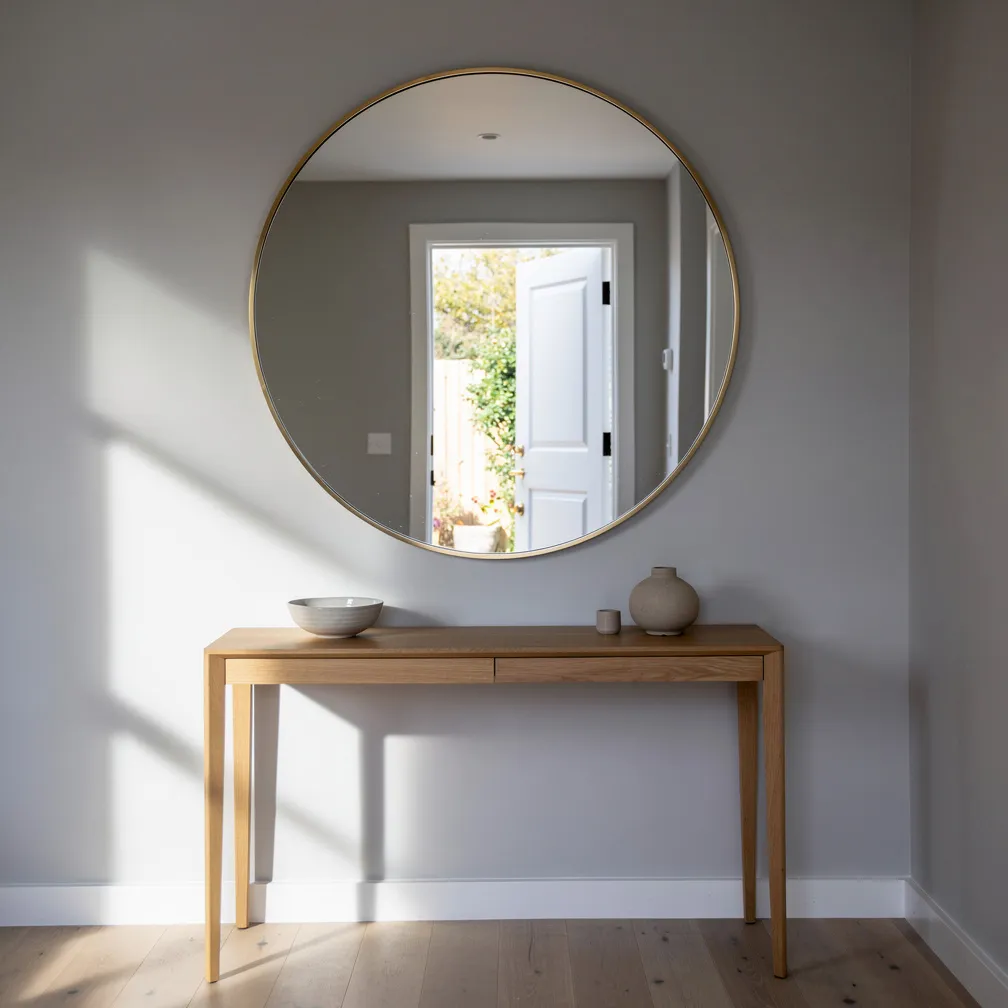 Grand miroir rond doré au-dessus d'une console en bois