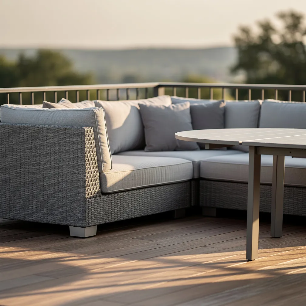 Salon de jardin modulable sur une terrasse en bois