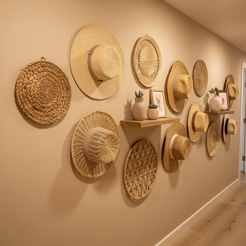 Composition murale bohème avec paniers et chapeaux