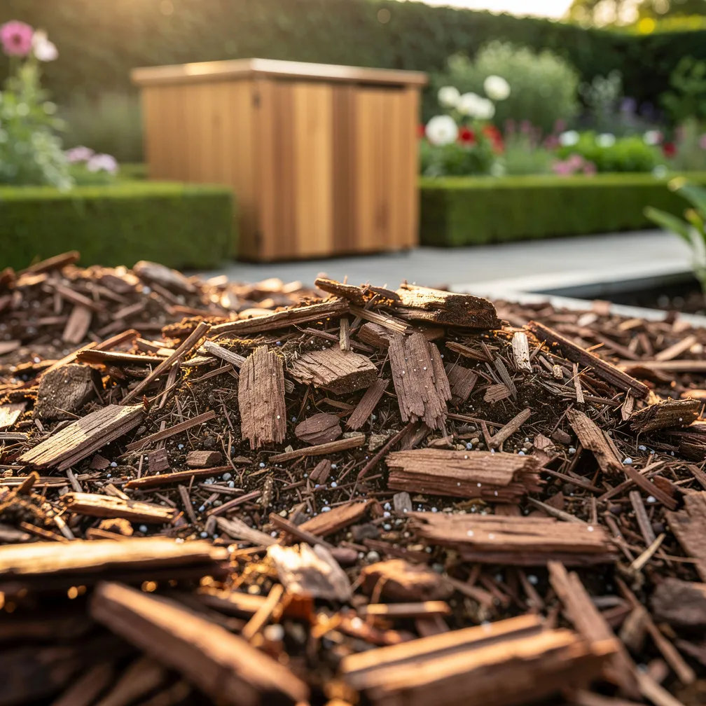 Paillage en ecorces et composteur en bois dans un jardin