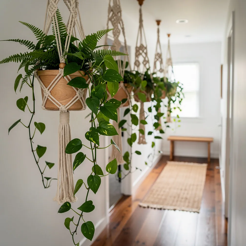 Plantes vertes en macramé suspendues dans un couloir lumineux