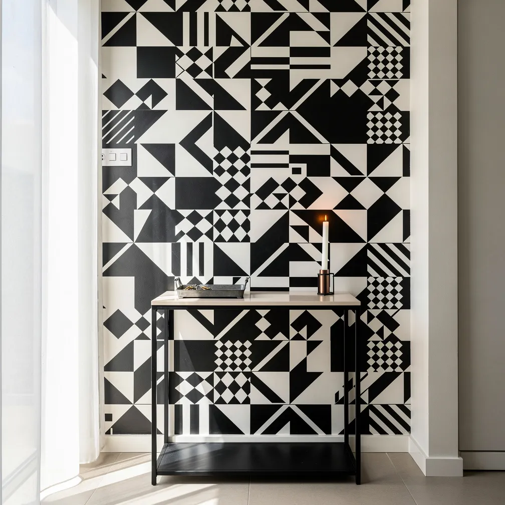 Mur d'entrée décoré de motifs géométriques noir et blanc