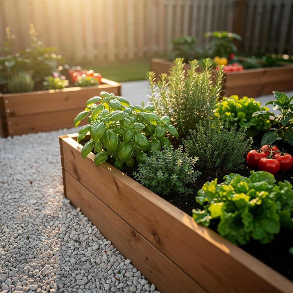 Carres potagers sureleves en bois dans un jardin ensoleille