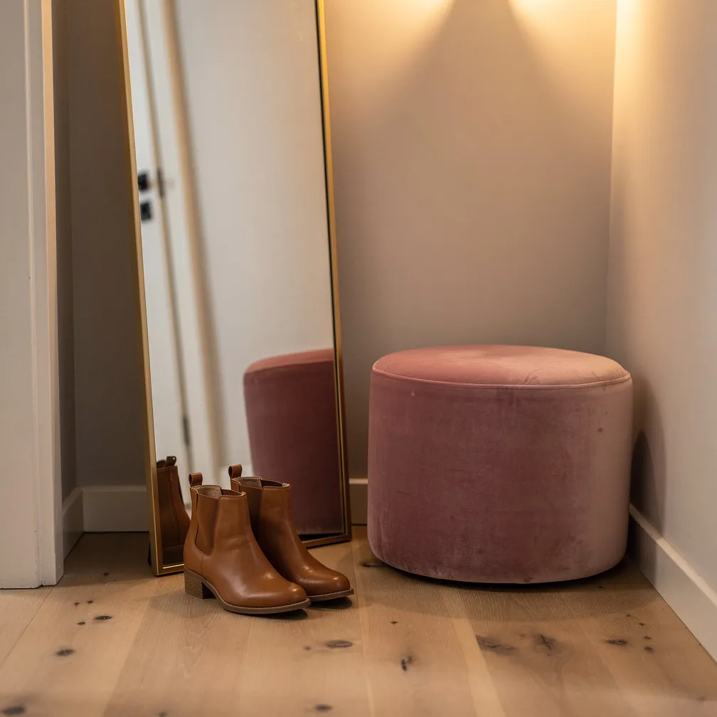 Pouf rond en velours rose dans un coin d'entrée