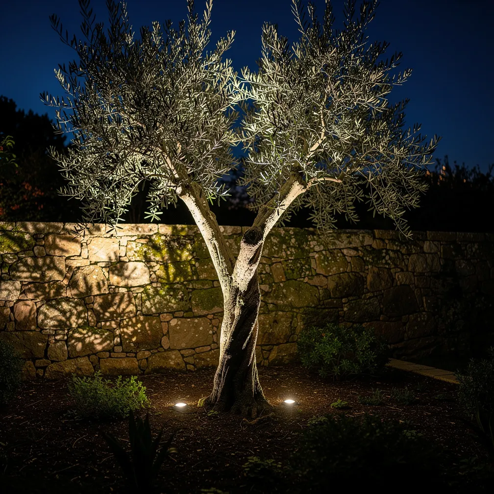 Eclairage nocturne discret mettant en valeur un olivier