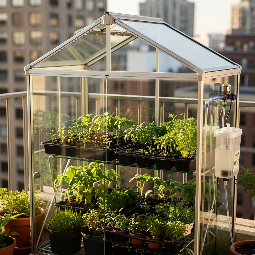 Petite serre connectee sur un balcon urbain