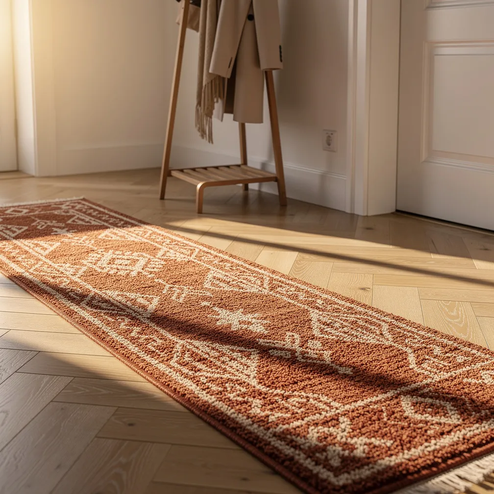 Tapis à motifs terracotta et crème dans une entrée en parquet
