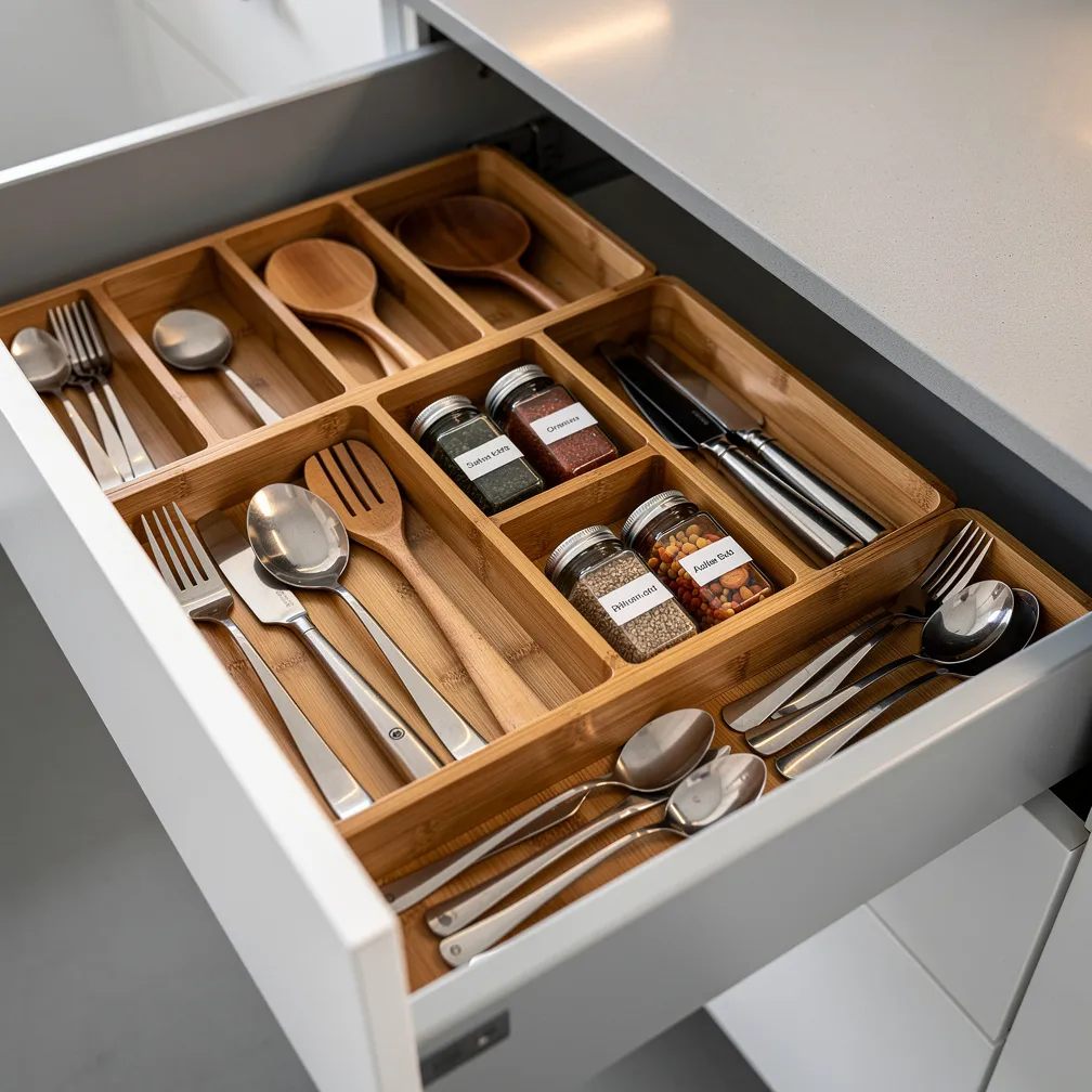 Tiroirs de cuisine ouverts avec organisateurs en bambou