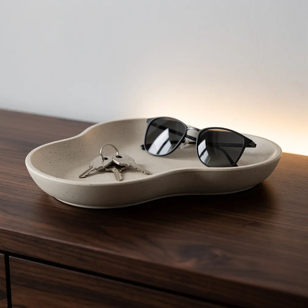 Vide-poches en céramique sur une console en noyer