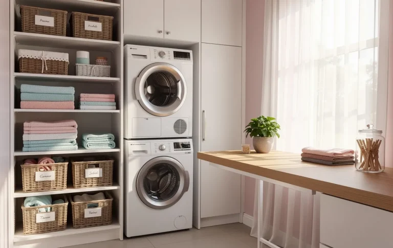 Une buanderie élégante avec des étagères bien rangées, des paniers en osier empilés et un espace de pliage près d’une fenêtre ensoleillée.