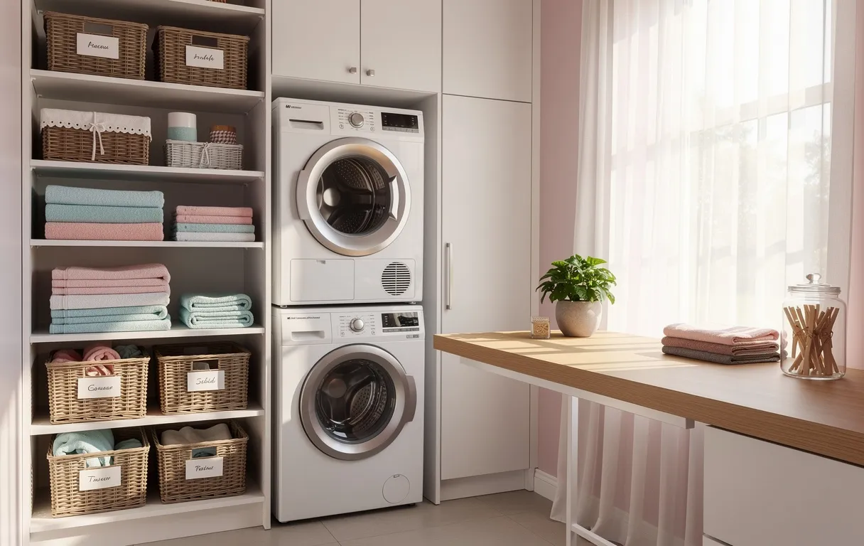 Une buanderie élégante avec des étagères bien rangées, des paniers en osier empilés et un espace de pliage près d’une fenêtre ensoleillée.