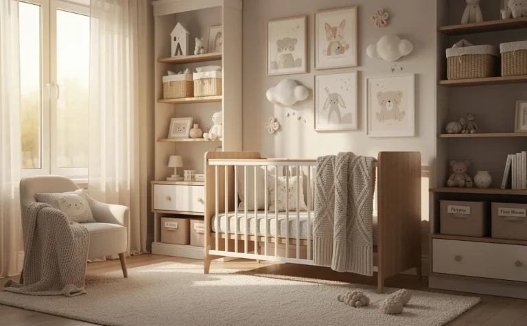 Chambre de bébé apaisante aux tons neutres avec un lit évolutif, des textiles doux, des rangements astucieux et une lumière matinale chaleureuse.