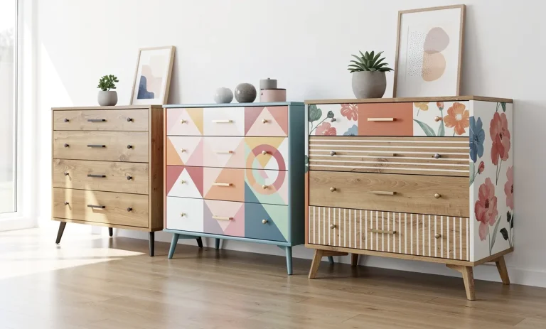 Cinq commodes aux couleurs variées et motifs décoratifs sont alignées dans une pièce moderne baignée de lumière naturelle.