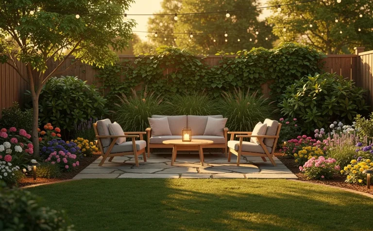 Un jardin arrière aménagé avec des plantes verdoyantes, des sièges extérieurs confortables et des massifs fleuris sous une lumière dorée du soir.
