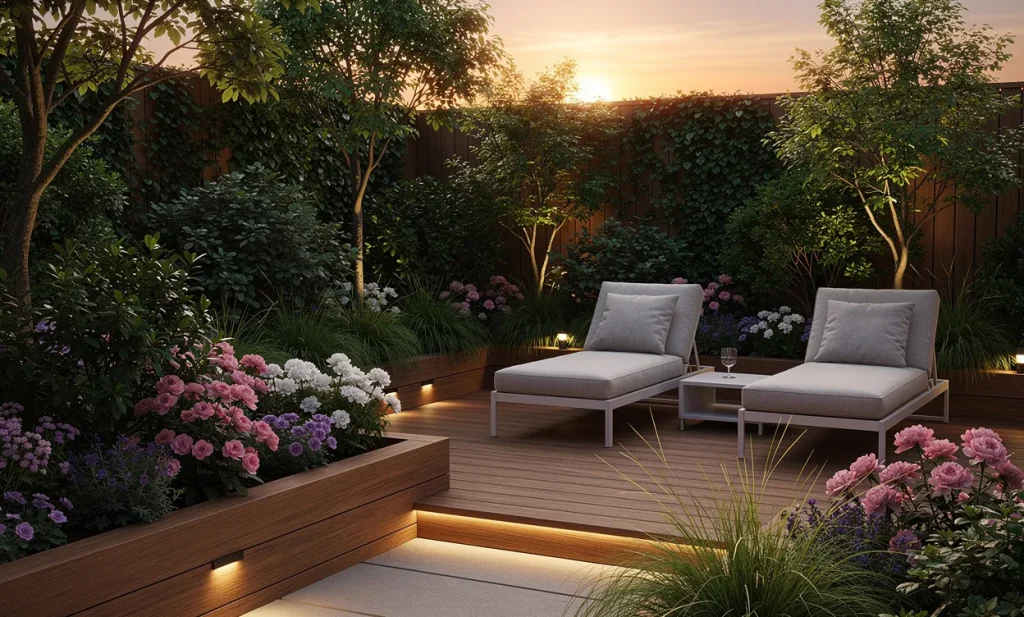 Un jardin aménagé avec des fauteuils modernes sur une terrasse en bois, entouré de massifs fleuris et de plantes verdoyantes sous un éclairage doux au coucher du soleil.